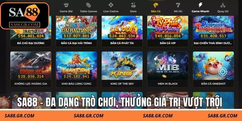 SA88 - Đa dạng trò chơi, thưởng giá trị vượt trội